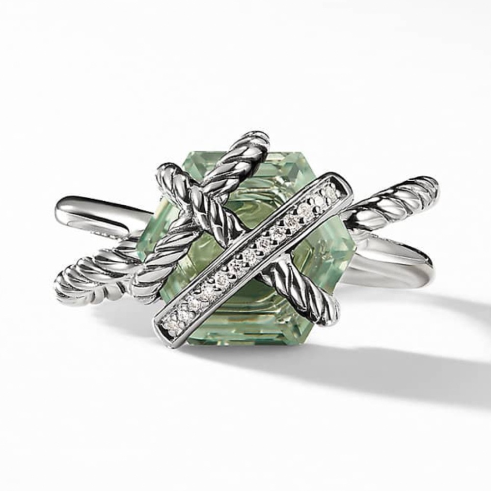 Cable Wrap Collection  Cable Wrap Ring with Prasiolite and Diamonds